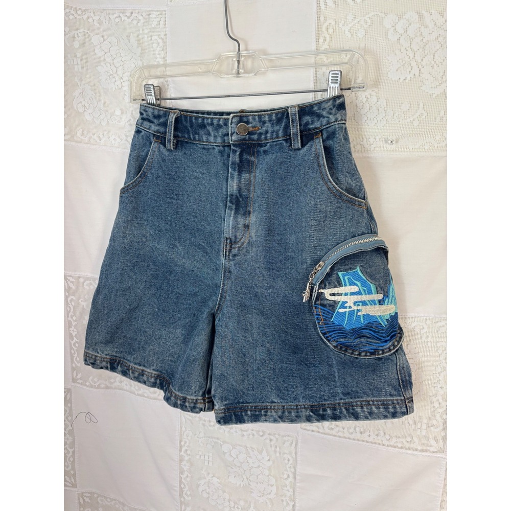 Blue Denim High Waist 90s‎ Vibe Baggy Streetwear Shorts Size XXS